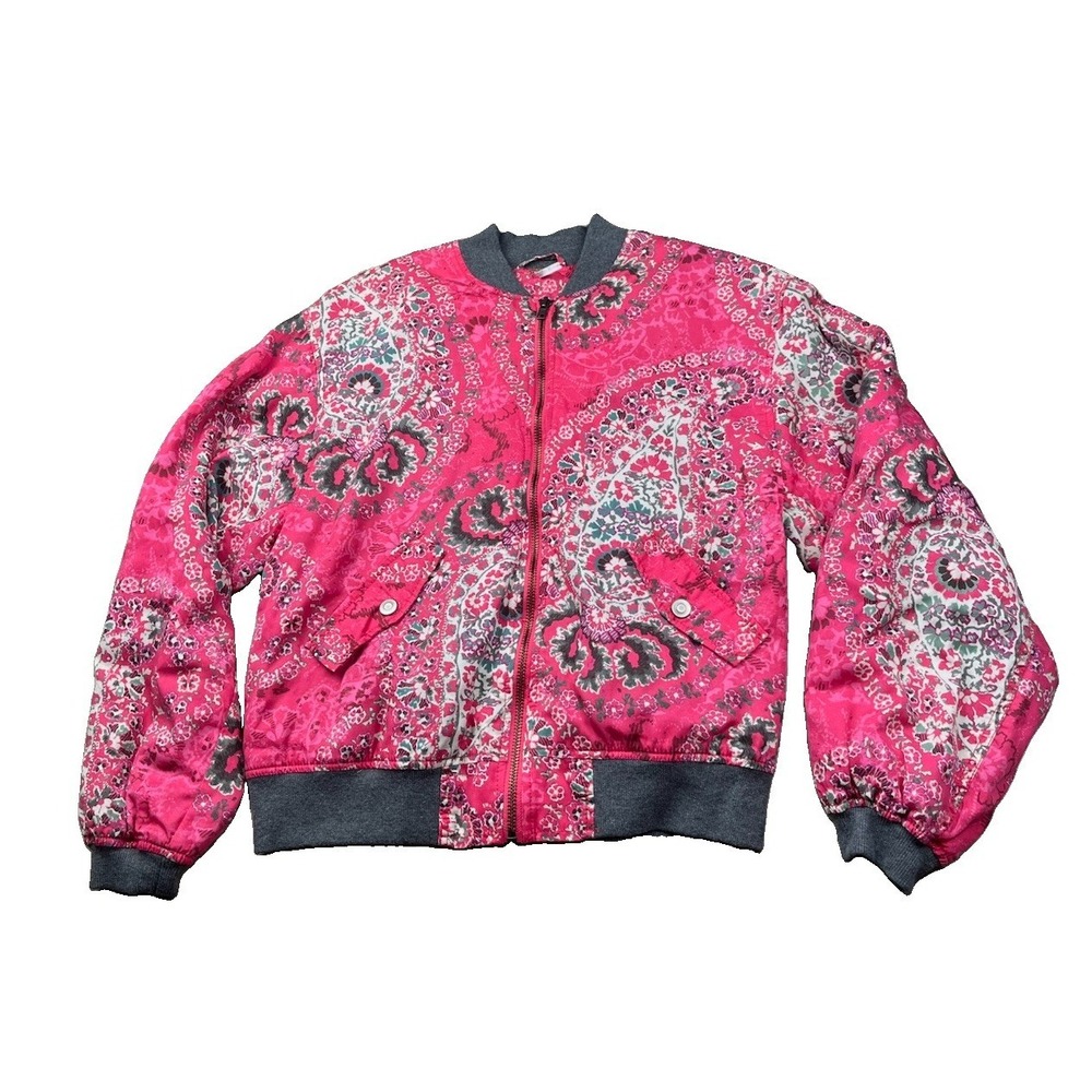 Free People Bomber Jacket Womens Small Pink Daytrip Floral Paisley Lined Warm
